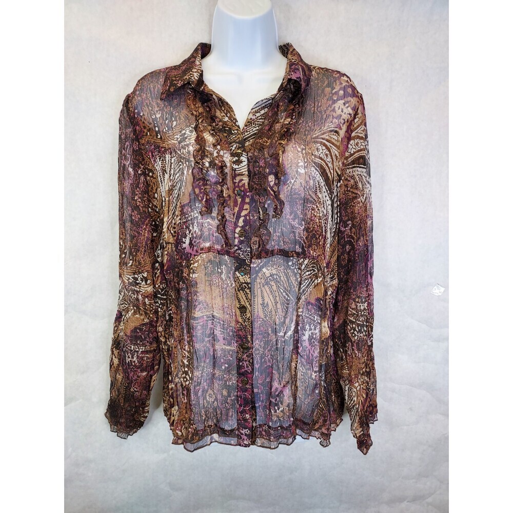 Vtg Paisley Button Up Blouse Womens 12 Purple Brown Boho Artsy Ornate Whimsigoth
